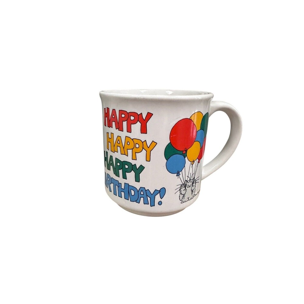 SANDRA BOYNTON Happy Happy Happy Birthday! With Cat Balloons 80s Coffee Cup Mug